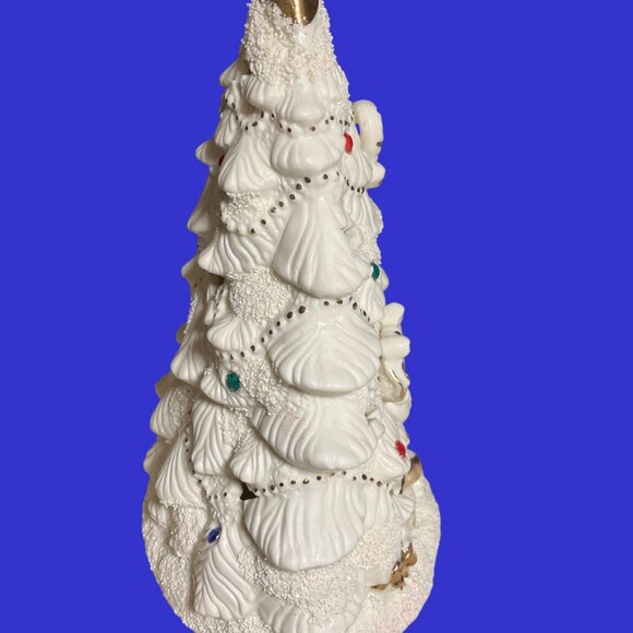 Ceramic Christmas Tree Lighted With Decorations And Gold Colored Accents - Picture 4 of 10